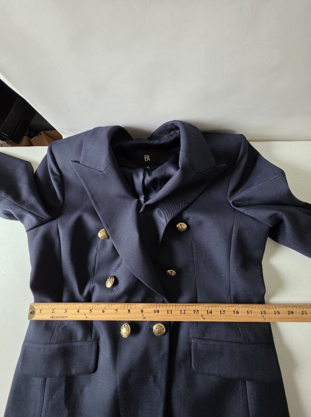Banana Republic Double-Breasted Navy Blazer Size 12 Gold Crest Buttons Career - Picture 8 of 13